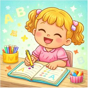 Criança sorrindo enquanto aprende